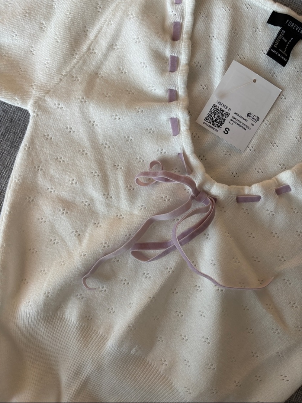 Forever 21 Cream Short Sleeve Knit Top with Lavender Ribbon Tie - Picture 3 of 3
